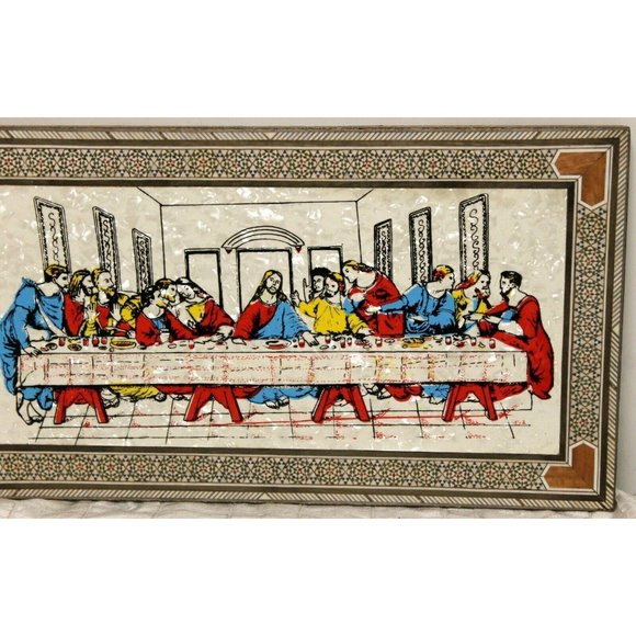 Jesus Last Supper Wooden Plaque Inlay Stone Print on Pearl-Crystal Look 17 x 10" - Picture 3 of 8